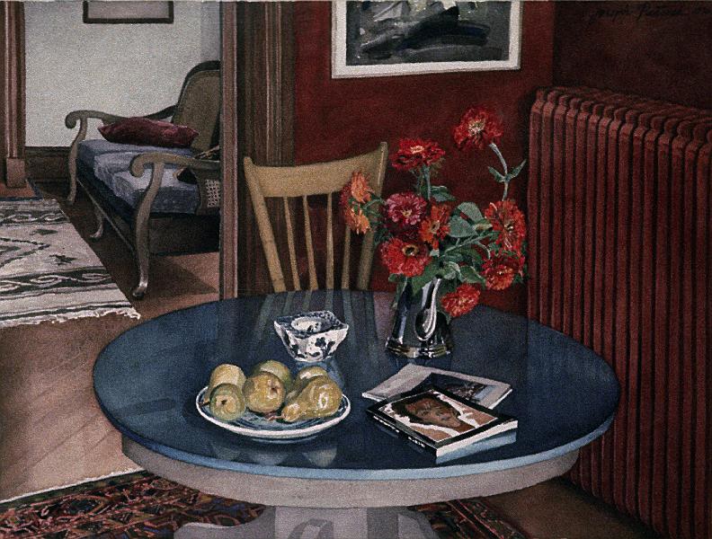 Blue Table, Pears nd Zinnias 1976 18x24.jpg